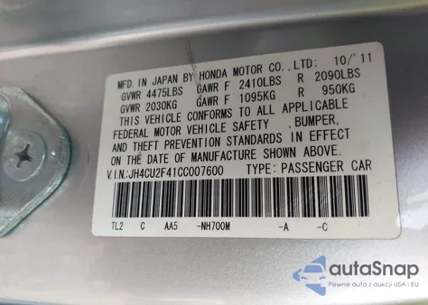 2012 Acura Tsx 2.4 z USA, uszkodzony, nr VIN JH4CU2F41CC007600